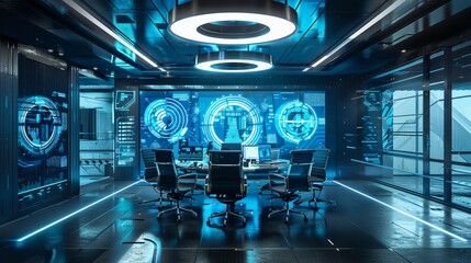 Visualize a virtual background for video conferencing that transforms the users space into a futuristic office, blending professional with digital, enhancing the remote work experience