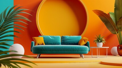 A colorful modernist set design for an online store showcasing furniture, with a round orange wall and yellow podium in the background - obrazy, fototapety, plakaty