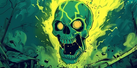 Fiery skull by a nuclear radioactive, dangerous radiation
