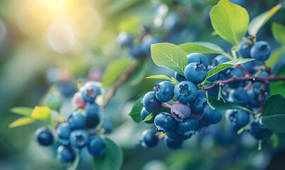 blue berries on garden background with copy space, Generative AI