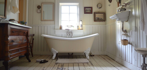 A farmhouse-style washroom with a clawfoot tub and vintage-inspired fixtures.