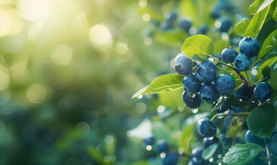 blue berries on garden background with copy space, Generative AI - obrazy, fototapety, plakaty
