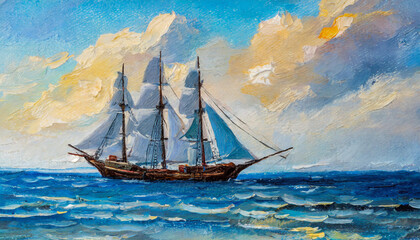 Sailing ship at sea. Oil painting picture on canvas with sky, clouds
