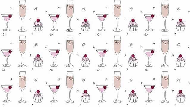 Background animation,pattern movement,wallpaper.Seamless festive pattern one continuous line art. Champagne, martini, cake, festive buffet