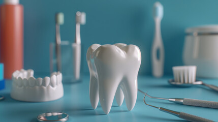 A model tooth dominates the scene surrounded by various dental instruments on a turquoise background. - obrazy, fototapety, plakaty