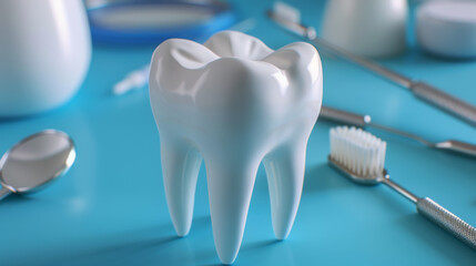 A model tooth dominates the scene surrounded by various dental instruments on a turquoise background.