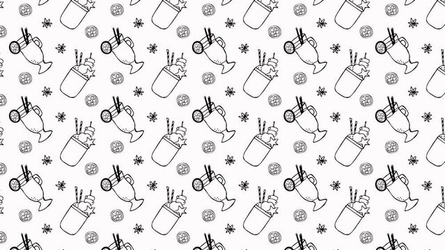 Animated background,wallpaper, moving Seamless black and white doodle pattern with cocktails, festive drinks, mulled wine and milkshake