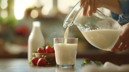 A hand pouring milk from a jug into a glass with strawberries on the side. - obrazy, fototapety, plakaty
