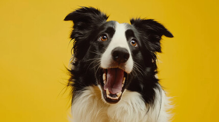 A black and white dog with bright eyes and an open mouth smiles against a yellow background.