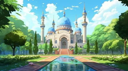 beautiful mosque building in the forest with cartoon anime illustration style