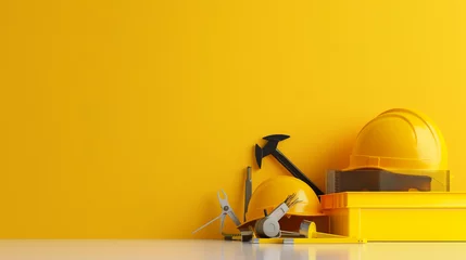 Rolgordijnen Labour Day Toolbox Montage: Construction Equipment on Yellow Stage" © GoonDuLagoon
