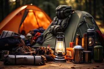 Camping Gear Arrangement: Close-up of well-arranged camping gear. - obrazy, fototapety, plakaty