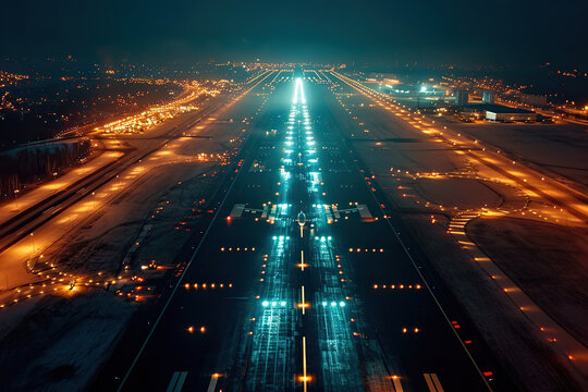 Beautiful top view of the airport runways at night. Generated by artificial intelligence