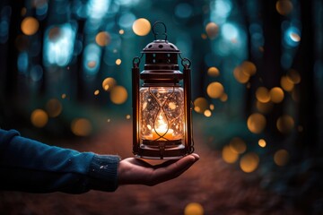 Camping Lantern in Hand: Close-up of a person holding a camping lantern.