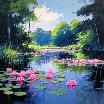Acrylic painting of pond dotted with vivid pink water lilies, lush trees embracing the water's edge, trending artwork on Pixiv Fanbox, distinguished