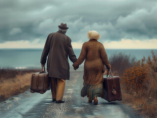 Old couple travel together, in aging society theme show cute true love.