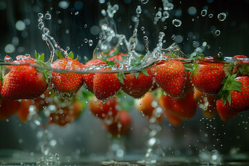 Strawberry splash on the water for advertisement design.