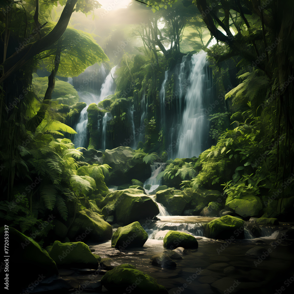 Poster a serene waterfall in a lush green forest.