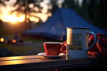 Camping Mug and Book: Zoom in on a camping mug placed next to an open book. - obrazy, fototapety, plakaty