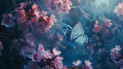 butterfly and flowers in smoke