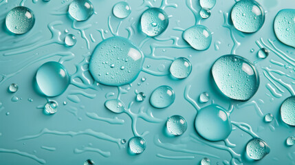 Condensed water droplets of varying sizes create a pattern on a bright blue background.