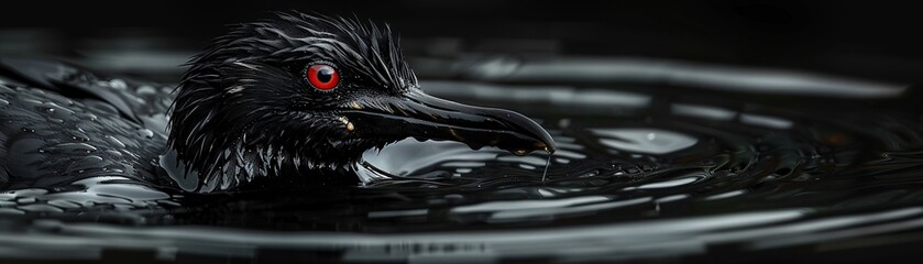 A black bird covered in oil, floating on black water with dark red eyes, the whole scene is black and gray with little light, photograph in the style of National Geographic - obrazy, fototapety, plakaty