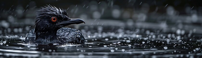 A black bird covered in oil, floating on black water with dark red eyes, the whole scene is black and gray with little light - obrazy, fototapety, plakaty