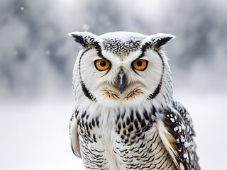 Portrait of a beautiful owl in the winter forest. Snow background