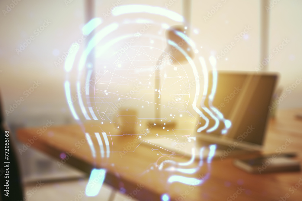 Poster creative artificial intelligence concept with human head sketch on modern computer background. doubl