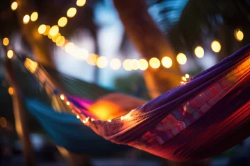 Foto op Plexiglas Camping Hammock Swaying: Close-up of a camping hammock gently swaying. © OhmArt