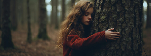 the girl hugs the tree, love for nature - obrazy, fototapety, plakaty