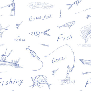 Fisherman in the ocean and fish on boat and fish is jumping. Vector black sketch image.