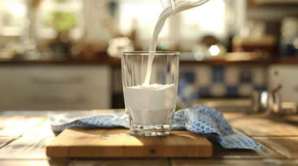 Foto op Aluminium A glass is being filled with milk, overflowing onto a wooden board. © Alena