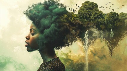 Surreal landscape with head tree and birds - An artistic representation of a human head transformed into a tree with branches reaching upwards, surrounded by birds and a green-yellow haze - obrazy, fototapety, plakaty