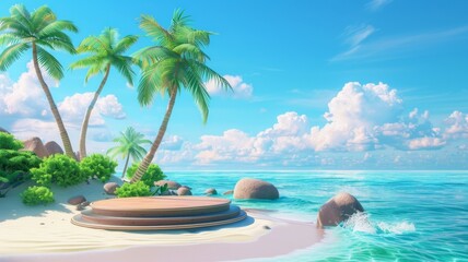 Fototapeta na wymiar Tropical paradise with a serene beachfront - An idyllic beach scene with crystal clear water, a circular wooden pier, and fresh green palm trees under a sunny blue sky