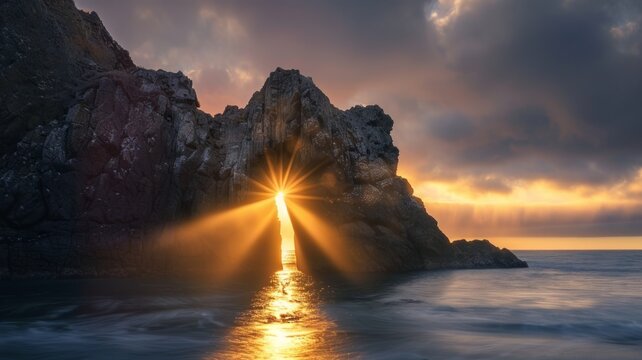 Sunset rays piercing through rock arch - Majestic rock formation with the sun's rays bursting through an arch during a serene sunset at the seaside