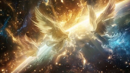 Mythical golden phoenixes in cosmic space - Three golden phoenixes soar with fiery wings through a cosmic space, evoking rebirth and mysticism