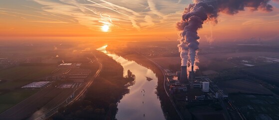 photo of a nuclear power plant in Germany, aerial view at sunset, a river flowing nearby, white plumes of smoke rising from the chimney ,, high-definition, 32K HD - obrazy, fototapety, plakaty