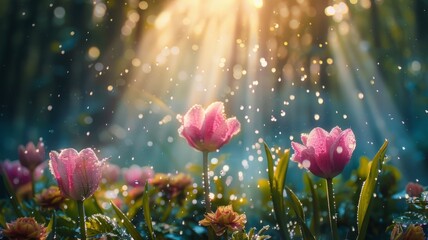 Raindrops on pink flowers with sunbeams - A close-up depicting the graceful beauty of pink flowers as raindrops glisten in the sunlight, offering a feeling of renewal and clarity - obrazy, fototapety, plakaty