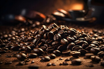 A close-up of roasted coffee beans, emphasizing warm brown tones and intricate details

