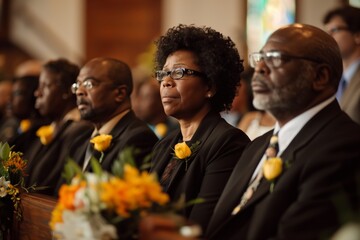 Men and women in mourning back suits sitting in the row on the bench in church at a funeral - Powered by Adobe
