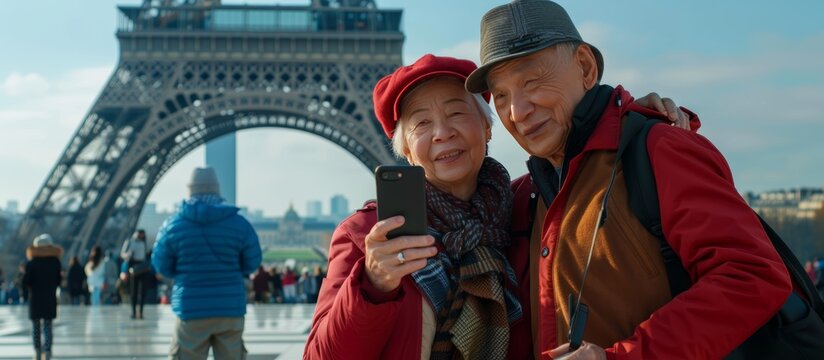 senior tourist couple in Paris on trip taking selfie or photo with mobile phone