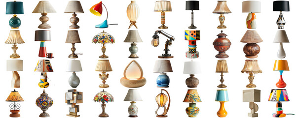 Big collection set of lamp in various styles retro vantage and modern bedside nightstand lighting different table lamp for interior decoration furniture element, isolated on transparent background