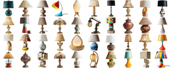 Big collection set of lamp in various styles retro vantage and modern bedside nightstand lighting different table lamp for interior decoration furniture element, isolated on transparent background