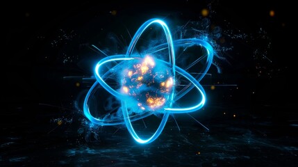 a glowing blue atom with energy lines emanating from it, black background, stock photo style