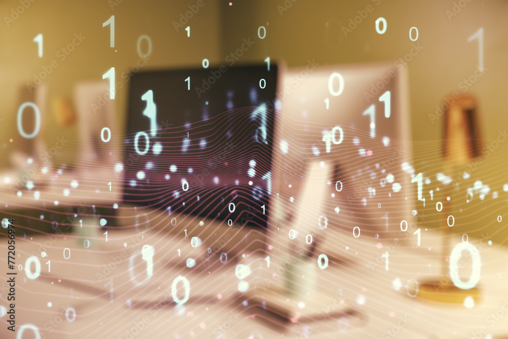 Aufkleber Creative abstract binary code hologram on modern computer background, AI and machine learning concept. Multiexposure