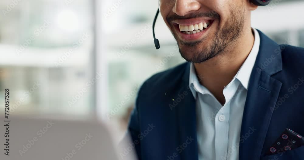 Aufkleber laptop, mouth and business man in call center with headset for customer support or service closeup. 