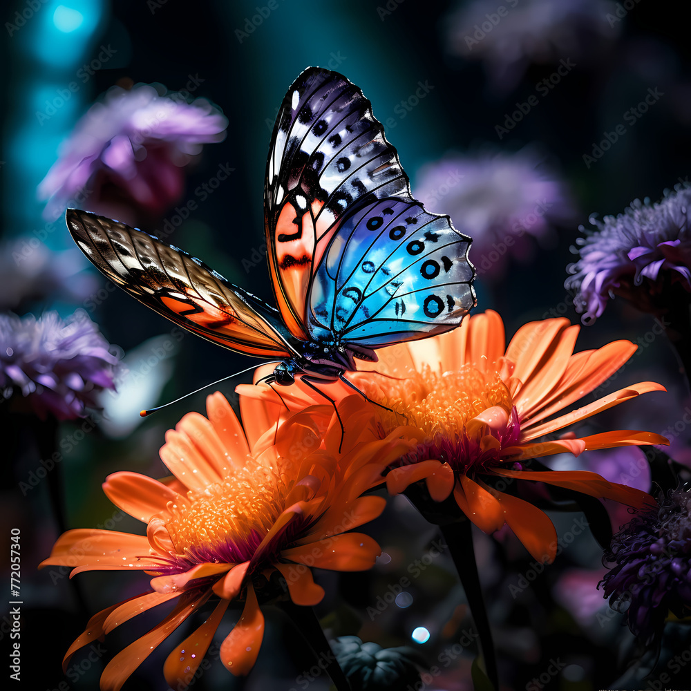 Sticker Butterfly perched on a blooming flower.