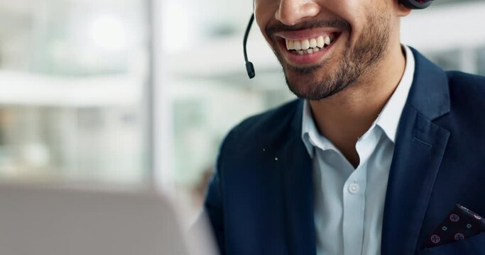 Laptop, mouth and business man in call center with headset for customer support or service closeup. Smile, computer and contact with happy employee working in tech agency for online consulting