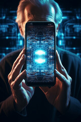 an elderly man sits in a smartphone